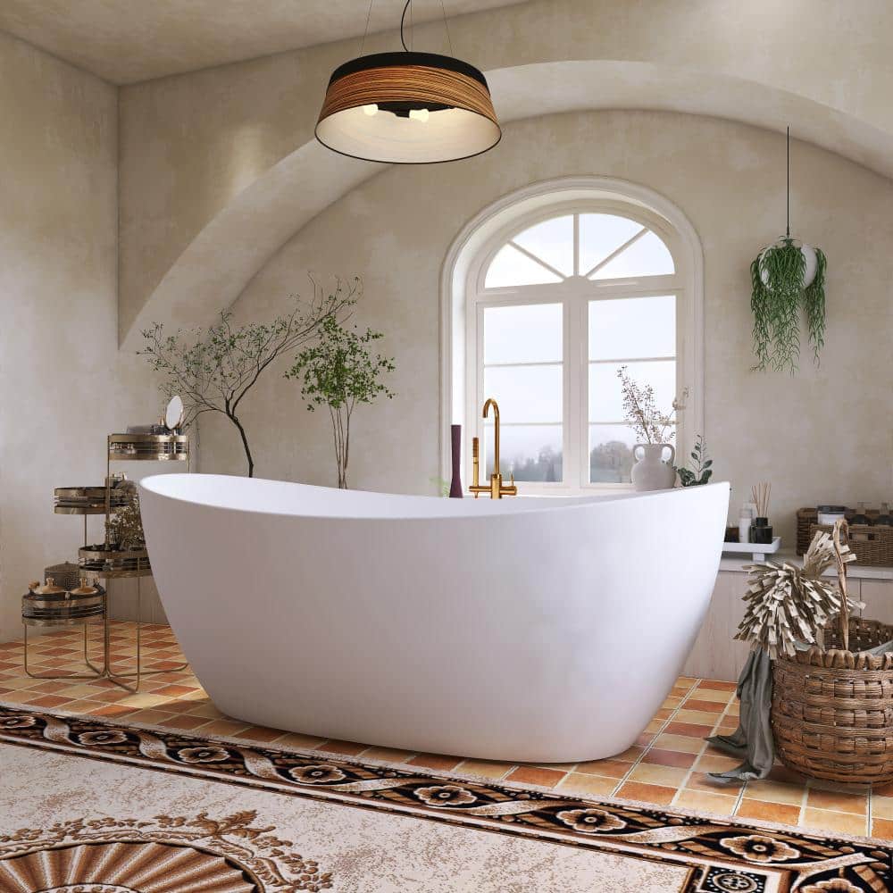 POCCI&VANCCI 63 in. X 30in. Freestanding Bathtubs Solid Surface Stone Soaking Tubs Matte White With Drain (3)