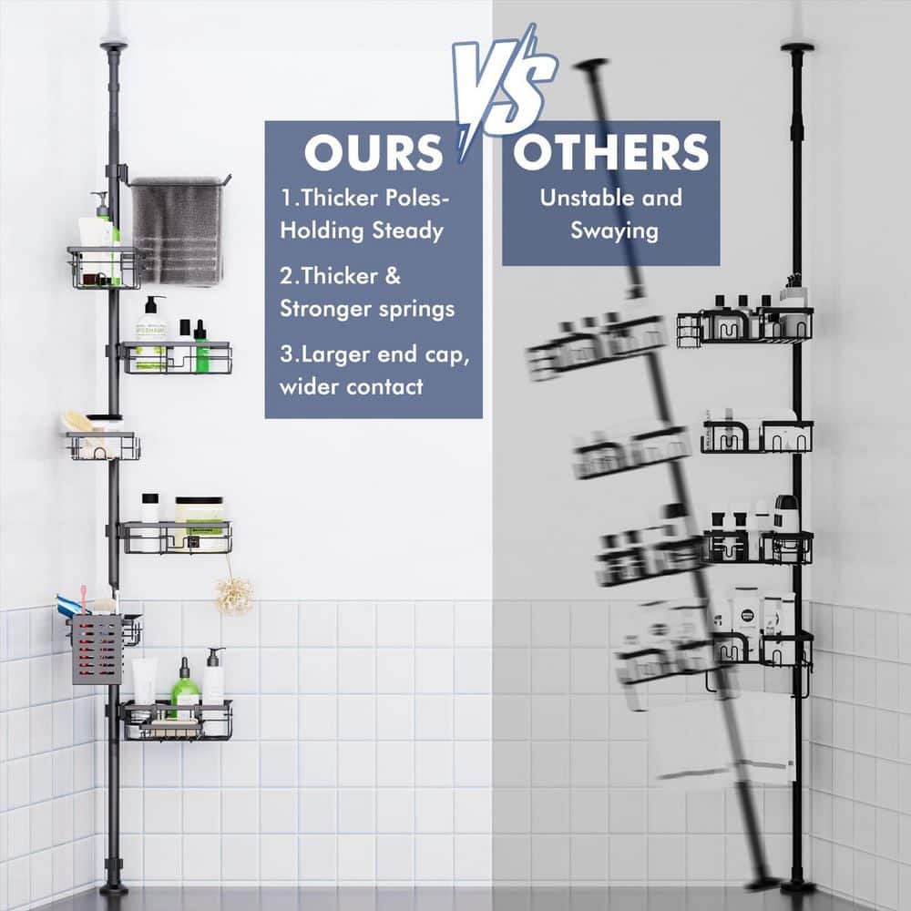 Numhew 6-Tier 30-120 in. Adjustable Corner Shower Caddy, Rustproof Tension Pole with Towel Bar and Soap Dish in Black (3)
