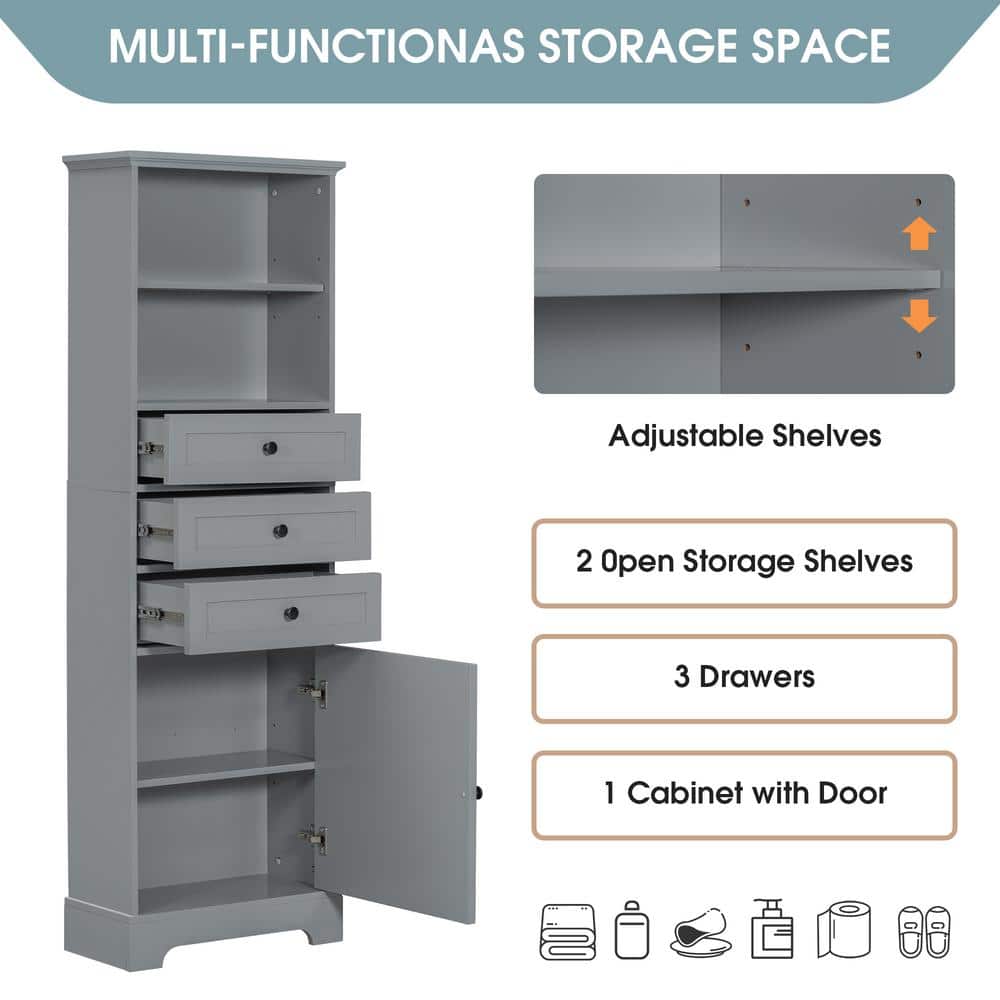 Tileon 22 in. W x 10 in. D x 68 in. H Gray Wood Freestanding Linen Cabinet with 3 Drawers and Adjustable Shelves (3)