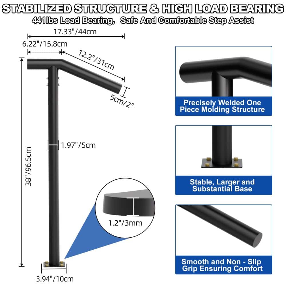 Unbranded 38 in H Black Powder Coated Single Post Handrail for 1 to 2 Steps Outdoor Stair Rail for Concrete or Wood (3)