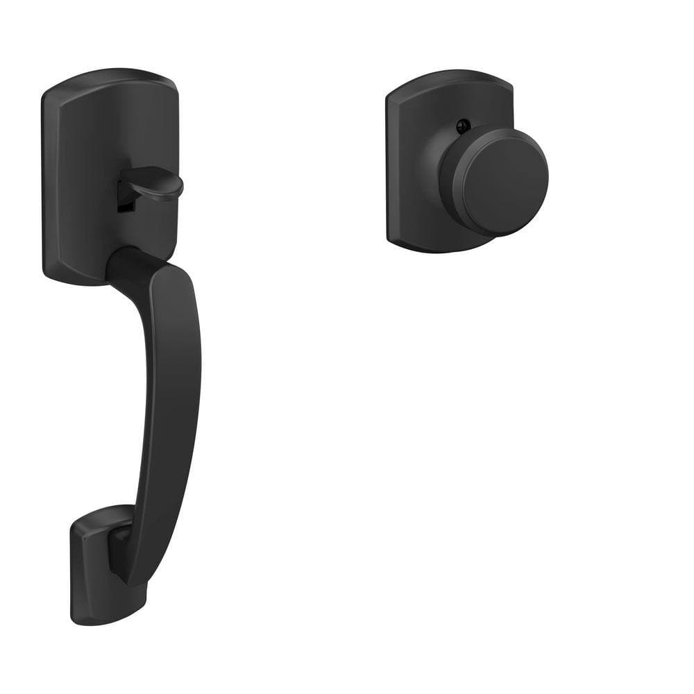 Schlage Greenwich Matte Black Door Handleset Grip with Bowery Knob and Greenwich Trim