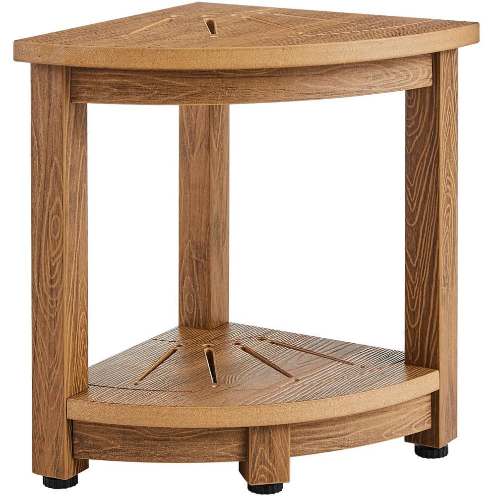 Unbranded Unique 12.8 in. Teak Polyethylene Single-Tier Corner Shower Storage Bench, Shower Stool with Storage Shelf
