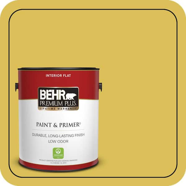 BEHR PREMIUM PLUS 1 gal. #P320-6 Sulfur Yellow Flat Low Odor Interior Paint & Primer (2)