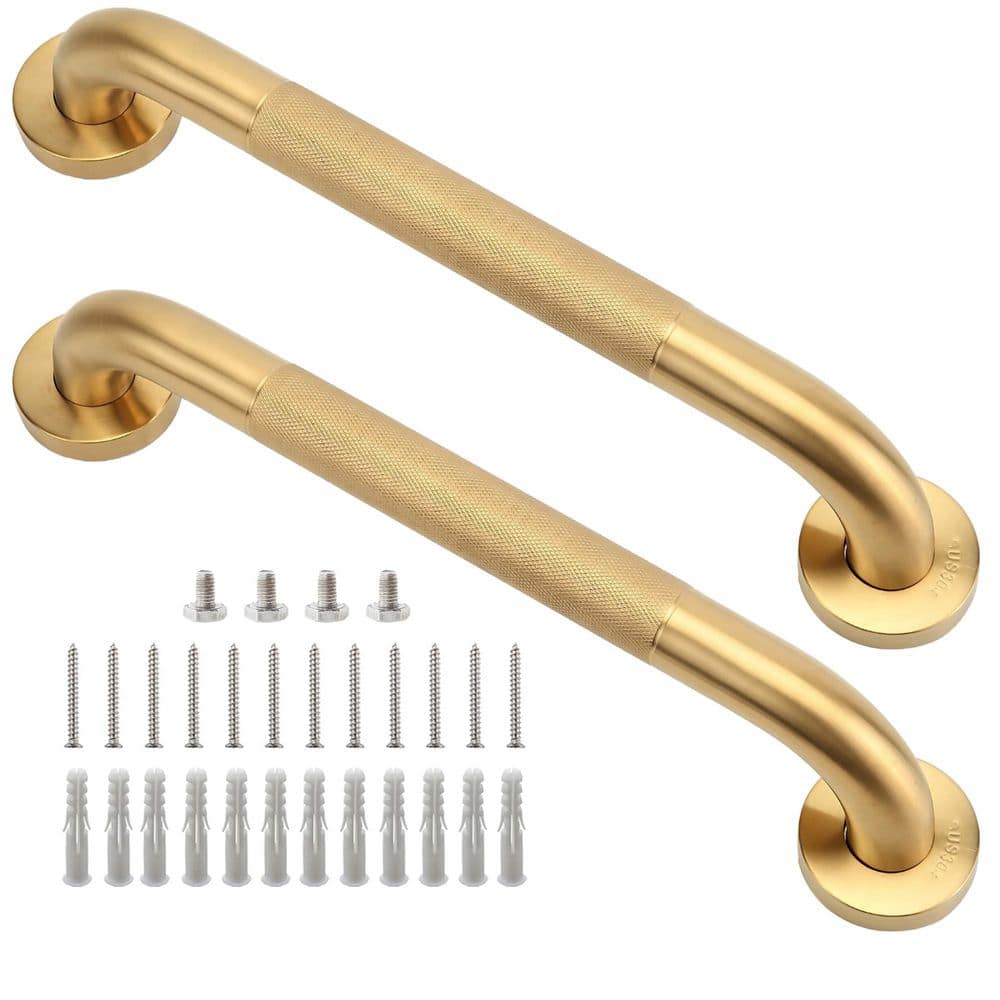 NVNOO 16 in. x 1.25 in. Dia 304-Stainless Steel Anti-Slip Shower Grab Bars for Seniors Elderly, Gold (2-Pack) (1)