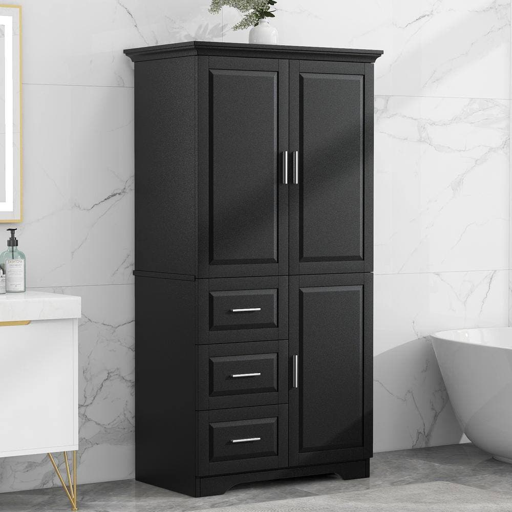 Lycvki 32.6 in. W x 19.6 in. D x 62.2 in. H Black Linen Cabinet with Drawers and Adjustable Shelf for Bathroom/Office (2)