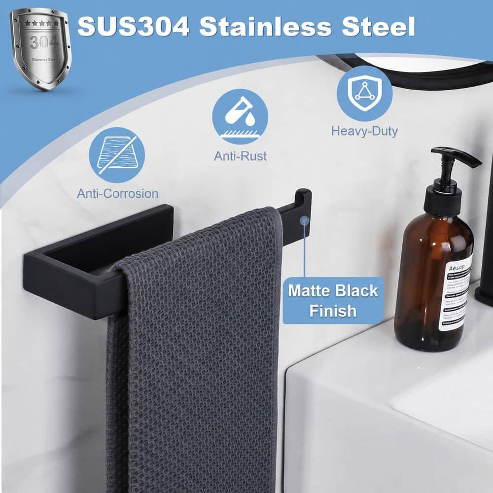 Unbranded 10 in. Matte Black SUS304 Stainless Steel Bathroom Hand Towel Ring Bar Wall Mounted Square Drill Install (2)
