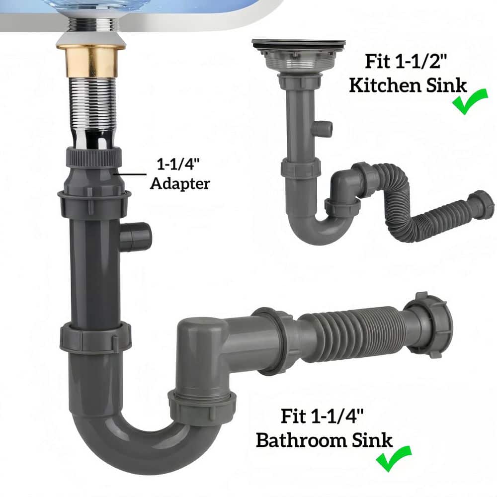 Wudkey 1-Pc Universal 1-1/4in. & 1-1/2in. P Trap Drain Kit in Black Flexible PP U-Bend Plumbing Pipe,Included Mounting Hardware (3)