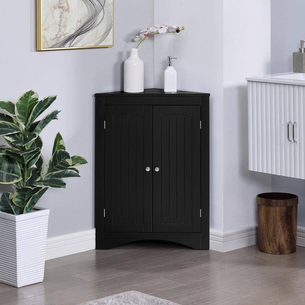 COWLOWN 24.33 in. W x 12.16 in. D x 32.28 in. H Black Floor Corner Linen Cabinet with Doors and Shelves (2)