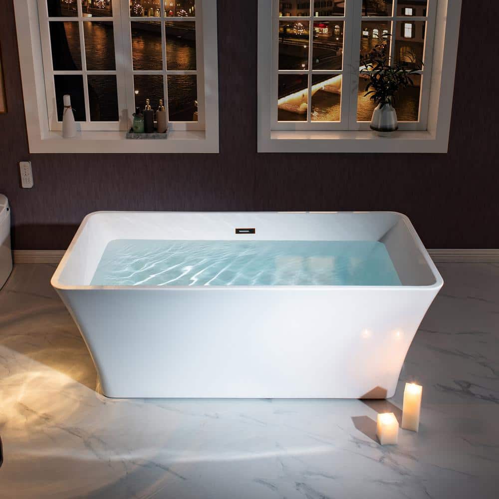 WOODBRIDGE Venezia Acrylic Flatbottom Freestanding Bathtub White with Oil Rubbed Bronze Drain and Overflow Included (2)