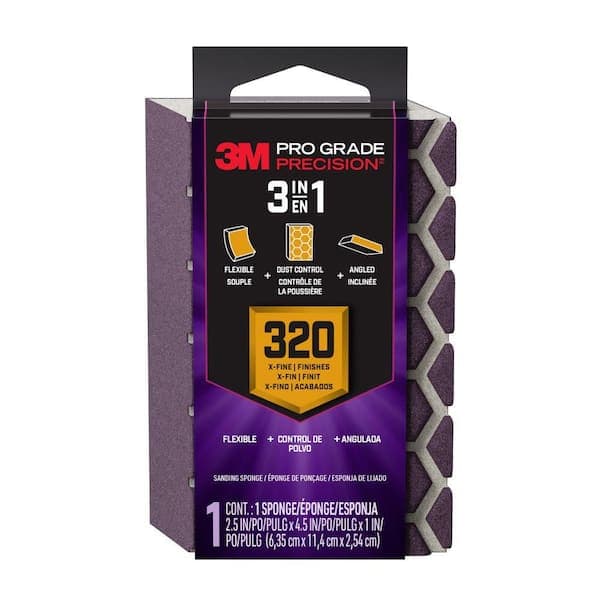 3M Pro Grade Precision 2.5 in. x 4.5 in. x 1 in. Extra Fine 320 Grit 3-in-1 Sanding Sponge (1-Pack)