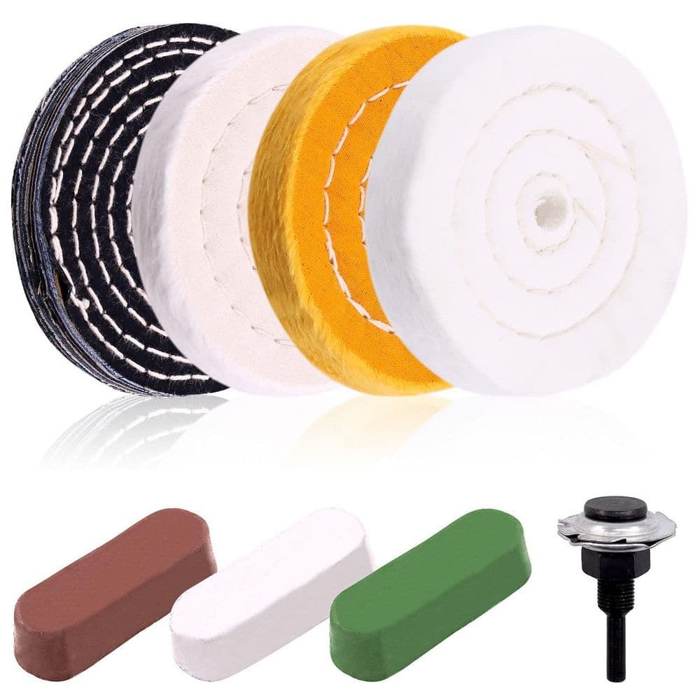 LAIFUCAM 4 in. Cotton Denim Sisal Buffing Polishing Wheel Kit with Compounds for Bench Grinder Polisher 8 Pieces (1)