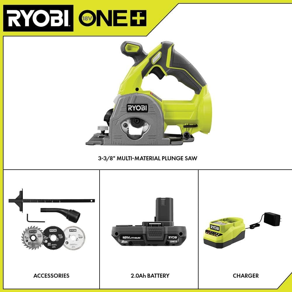 RYOBI ONE+ 18V Cordless 3-3/8 in. Multi Material Plunge Saw Kit with 2.0 Ah Battery and Charger (2)