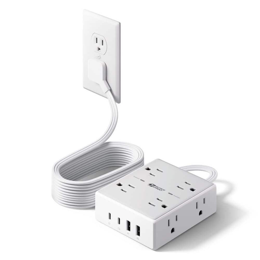 BIBIVIS 10 ft. White Extension Cord 8-Outlet 4 USB Surge Protector with Flat Plug, Wall Mountable Design & Wide Spaced Outlets (1)