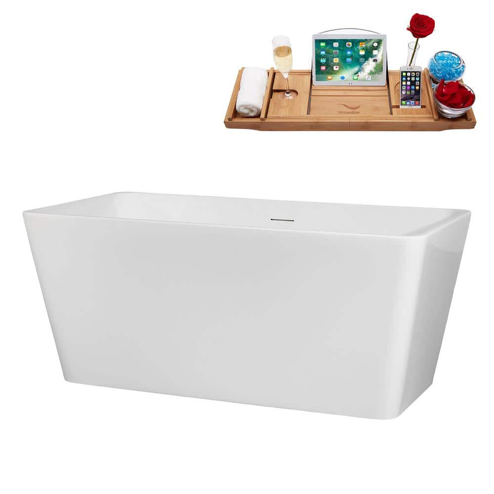Streamline 51 in. x 28 in. Acrylic Freestanding Soaking Bathtub in Glossy White with Brushed Nickel Drain, Bamboo Tray (3)