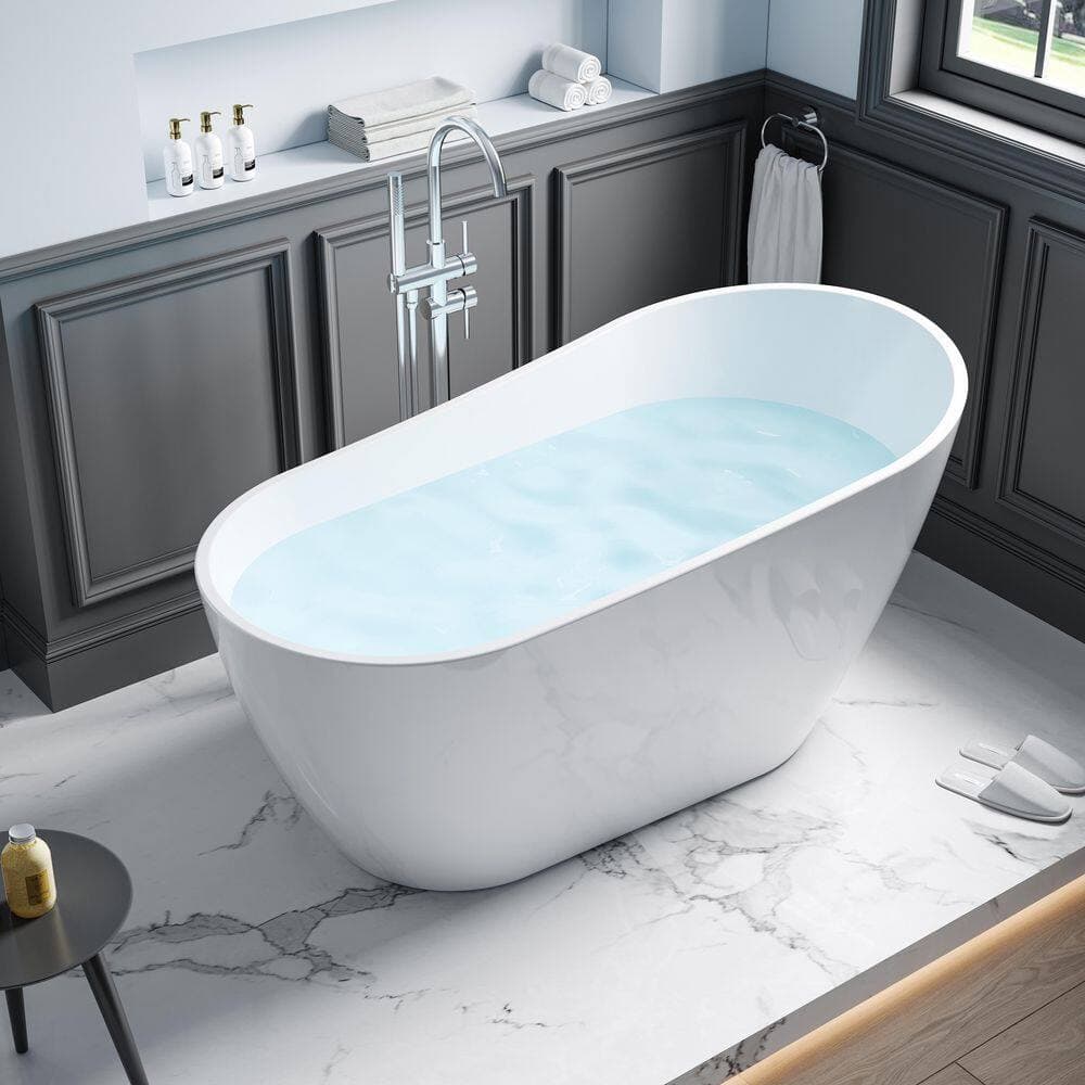 FORCLOVER 59 in. x 31 in. Freestanding Soaking Bathtub with Center Drain and Groove Overflow in White/Polished Chrome (2)