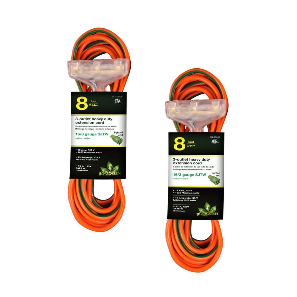 GoGreen Power (G-15008-2) 8 ft. 16/3 3 Outlet Indoor Heavy Duty Extension Cord, Orange, 2 PACK (1)