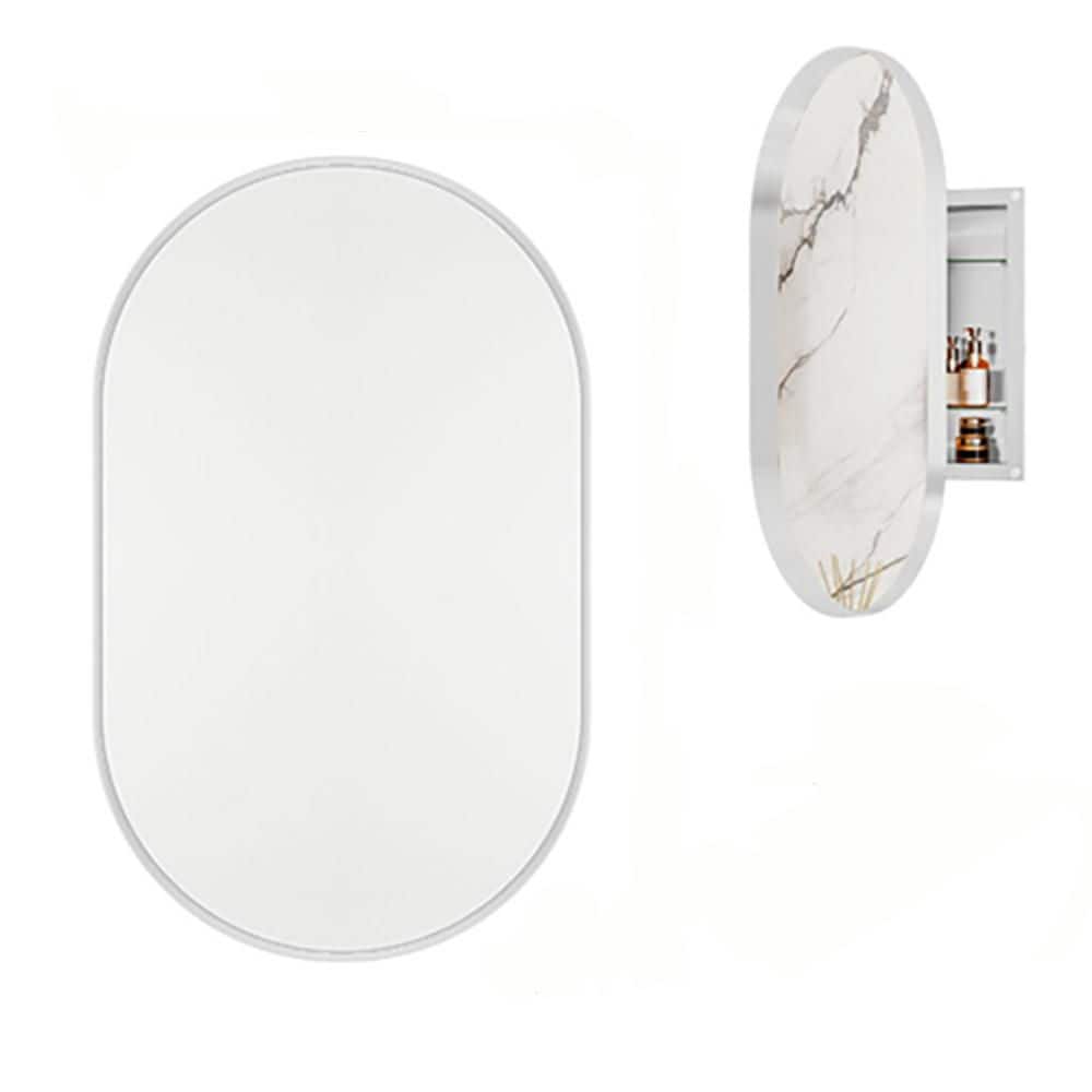 Siavonce 21 in. W x 33 in. D x 5 in. H Oval Built-In Linen Cabinet with Mirrored Doors and Adjustable Shelves, White (1)