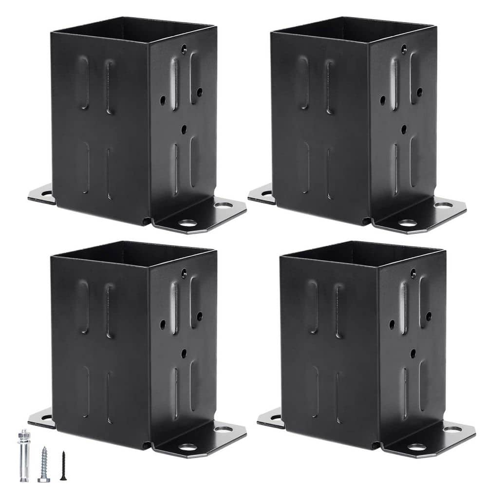 Afoxsos 4 x 4 in. 13GA Thick Steel Powder Coated Post Base Brackets with Wood Screws and Concrete Anchors in Black, 4-Pack (1)