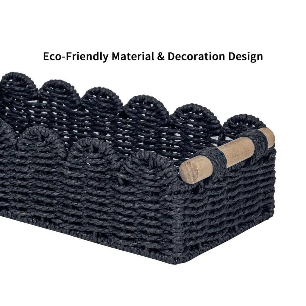 Wudkey 2-Pack Black Wicker Bathroom Basket Organizer with Handle, Toilet Tank Paper Storage Baskets for Countertop (3)