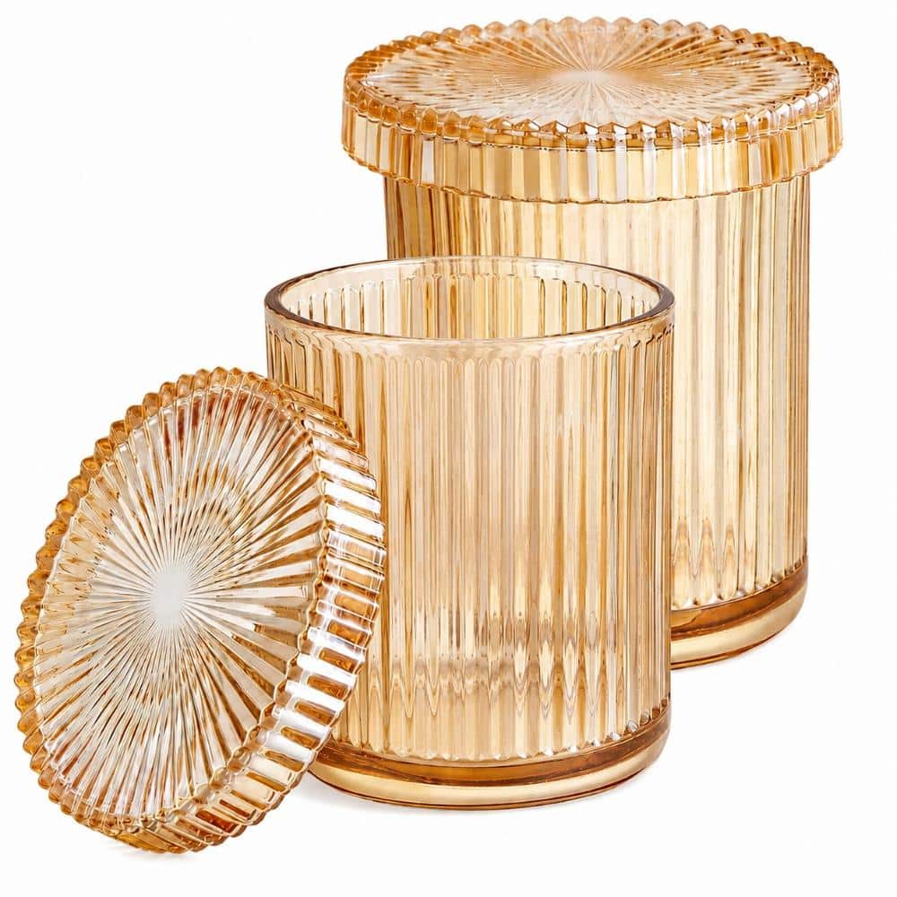 Unbranded Two-Pack Glass Qtip Dispenser Jars with Lids for Vanity Storage Amber glass, 3.5 x 3.5 x 3.9 in. 9.8 oz