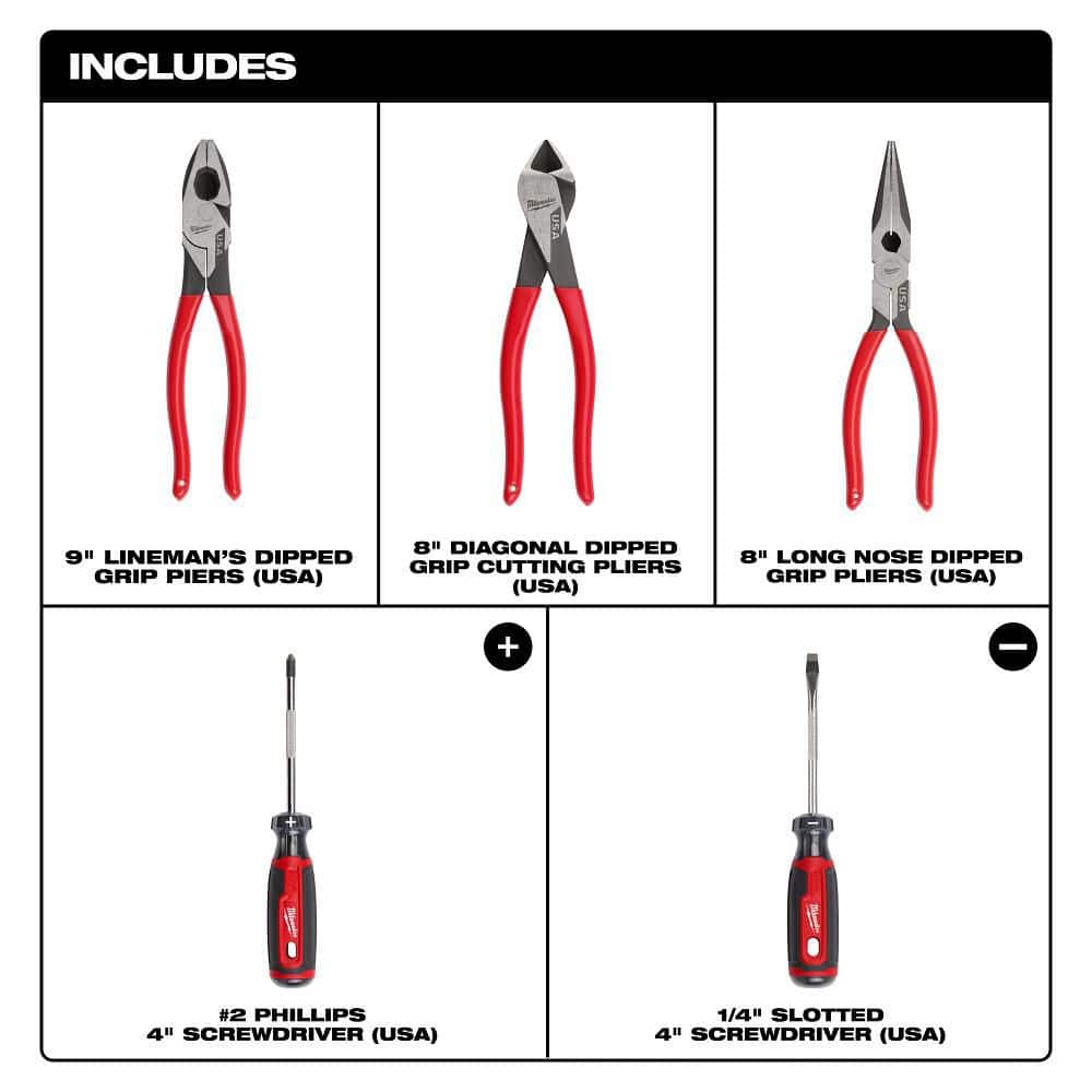 Milwaukee Linesman Plier w/Dipped Grip, 8 in. Long Nose Plier w/Dipped Grip, 7 in. Diagonal Plier w/Dipped Grip, & Screwdriver Set (2)