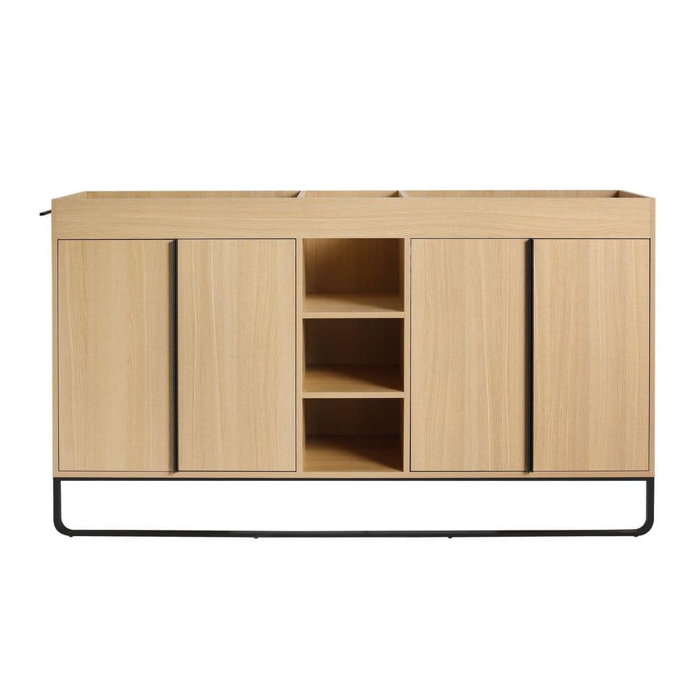 Noble House Ambrose 58.69 in. Bath Vanity Cabinet without Top in Oak with Open Storage Shelves, Soft Close Doors