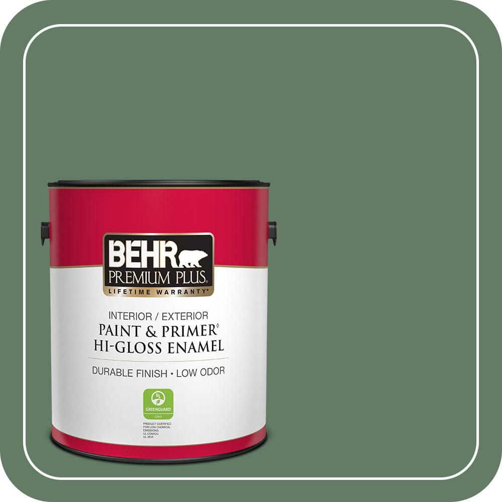 BEHR PREMIUM PLUS 1 gal. #S410-6 Greener Pastures Hi-Gloss Enamel Interior/Exterior Paint & Primer (1)
