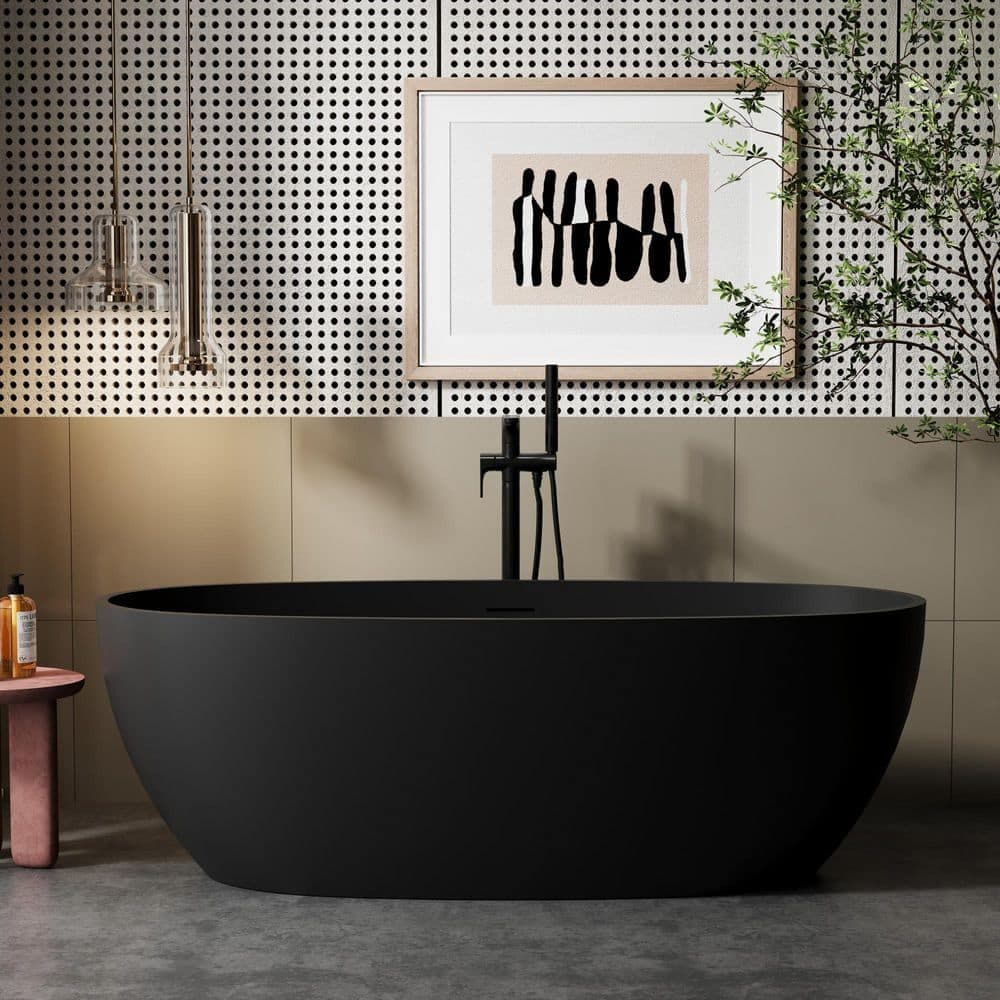 Opvande 67 in. x 31 in. Oval Freestanding Solid Surface Soaking Bathtub with Center Drain in Matte Black