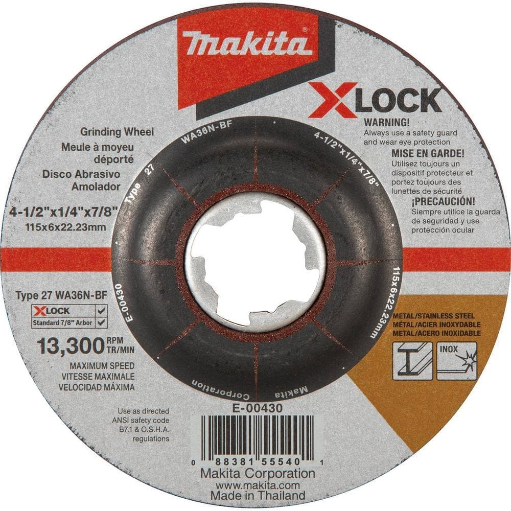 Makita X-LOCK 4-1/2 in. x 1/4 in. x 7/8 in. 36-Grit Type 27 General Purpose Grinding Wheel for Metal & Stainless Steel Grinding (1)