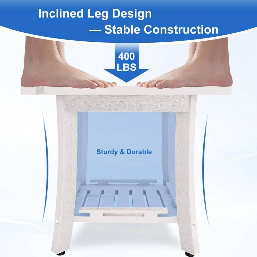 Lynzavix 18 in. W Freestanding Shower Seat with Storage Shelf, Waterproof Stool for Shaving Legs, 400 lbs. Capacity White (3)