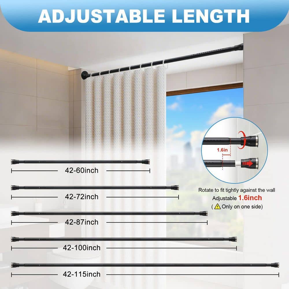 Numhew 42 in. to 115 in. Tension Curtain Rod, Adjustable Heavy Duty Black Shower Curtain Rod for Bathroom (3)