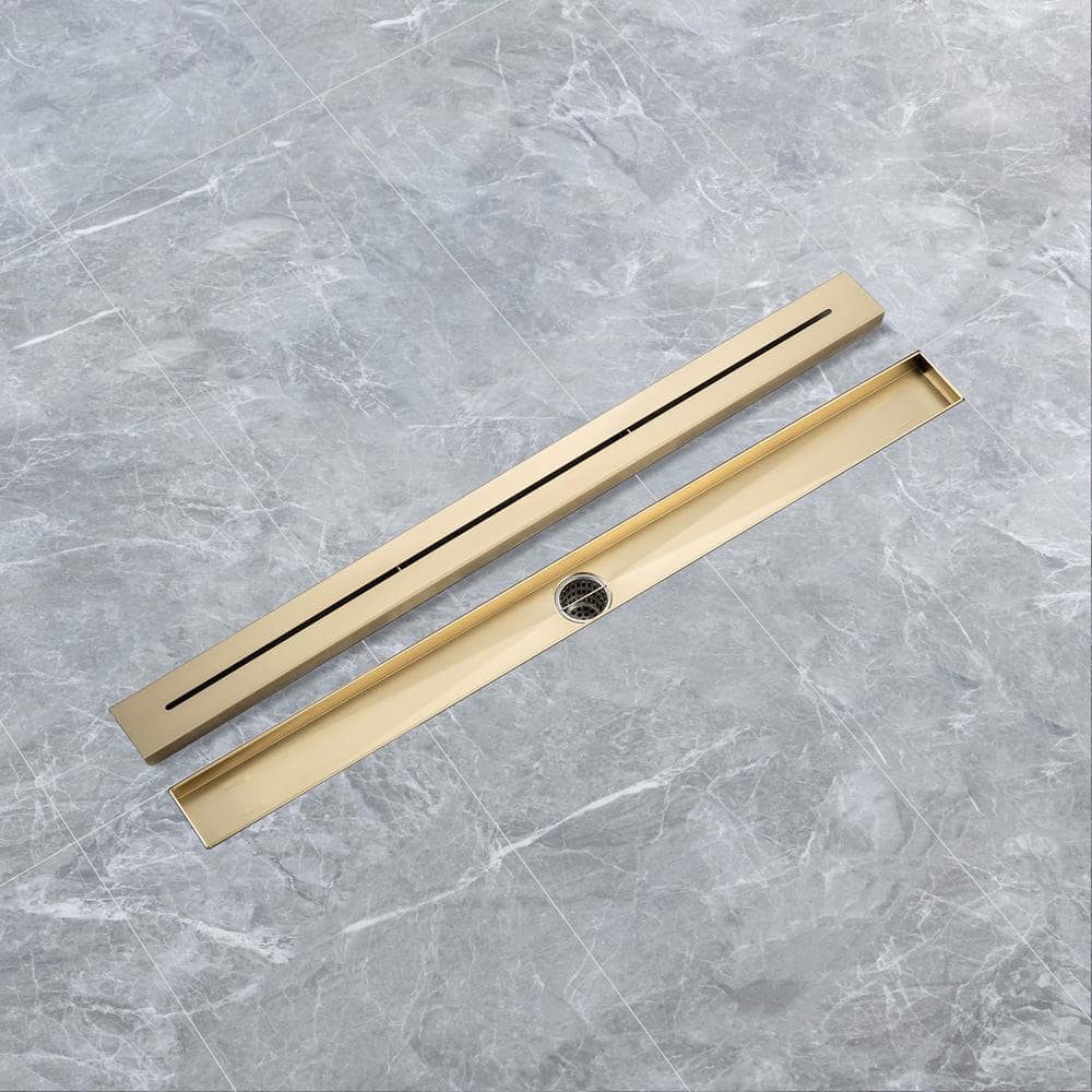 RAINLEX 32 in. Stainless Steel Linear Shower Drain with Square Pattern Drain Cover in Brushed Gold (3)