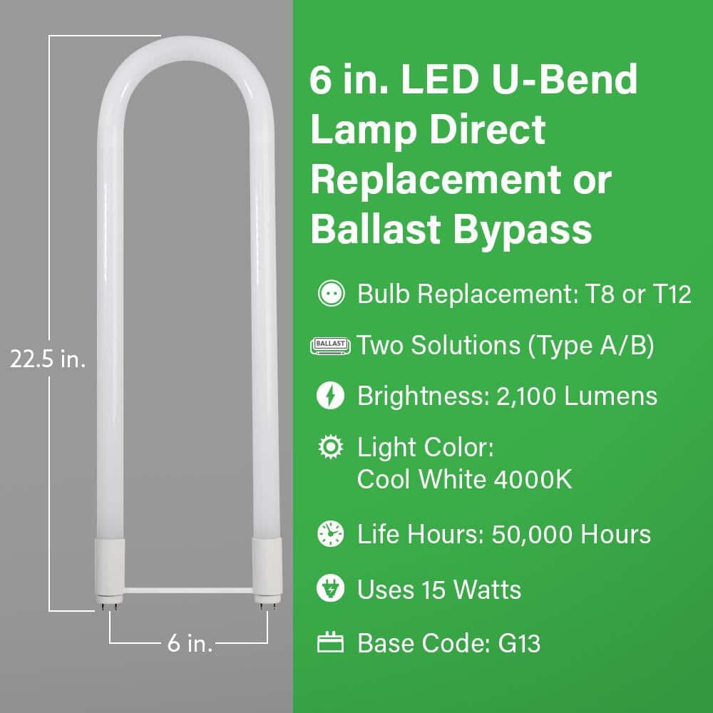 Feit Electric 15-Watt 6 in. T8 G13 Type AB Plug and Play and Ballast Bypass Linear U-Bend LED Tube Light Bulb, Cool White 4000K (3)
