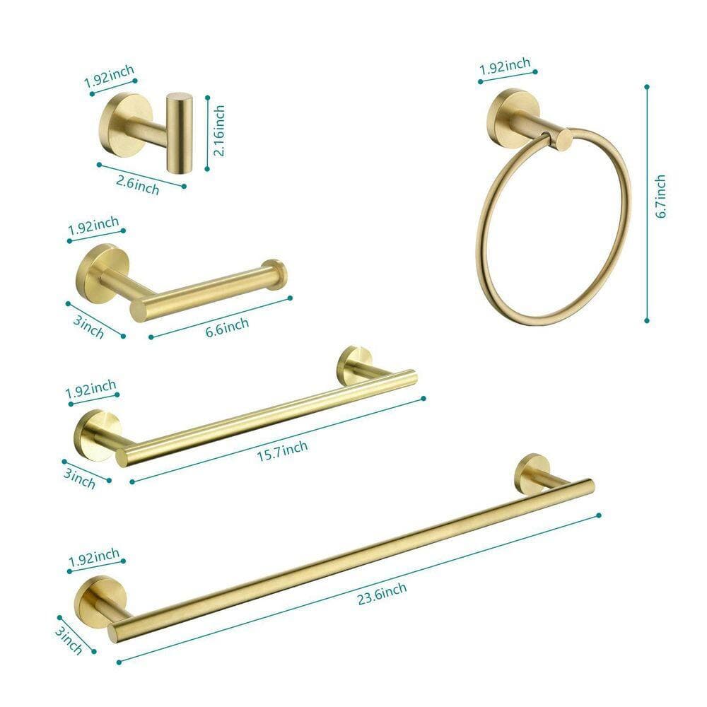 LIVACA 9-Piece Bathroom Hardware Set with Towel Bar, Paper Holder and Hooks in Brushed Gold Stainless Steel (2)