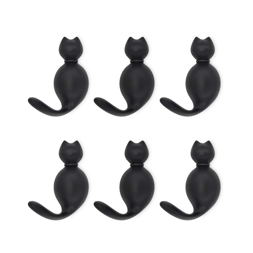 Wudkey 6 Pack Cute Cat Zinc Alloy Wall Hooks in Black, Coat Hooks Wall Mount for Hanging Key Purse Hat Robe Clothes Towel Hook
