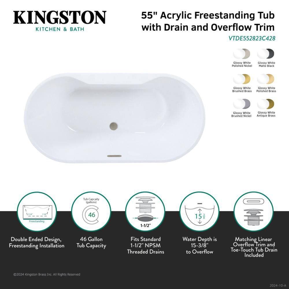 Kingston Brass Aqua Eden 55 in. x 27.4 in. Acrylic Flatbottom Soaking Freestanding Bathtub in Glossy White/Brushed Brass with Drain (2)