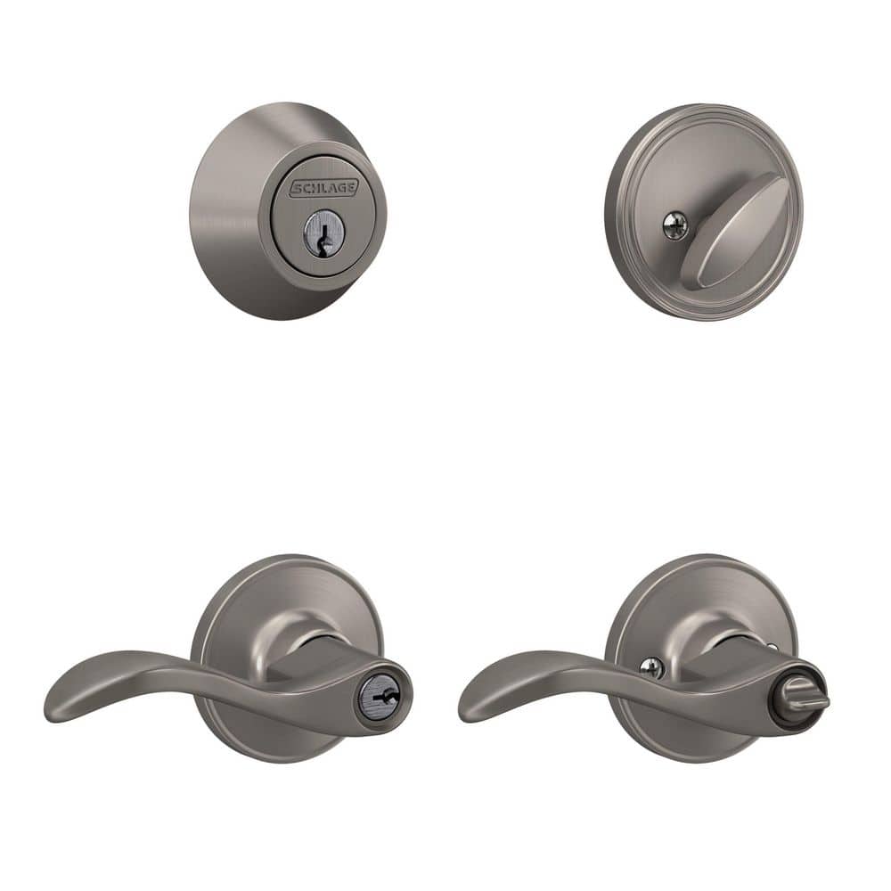 Schlage Home Essentials Kenley Satin Nickel Single Cylinder Deadbolt and Keyed Entry Door Handle Combo Pack