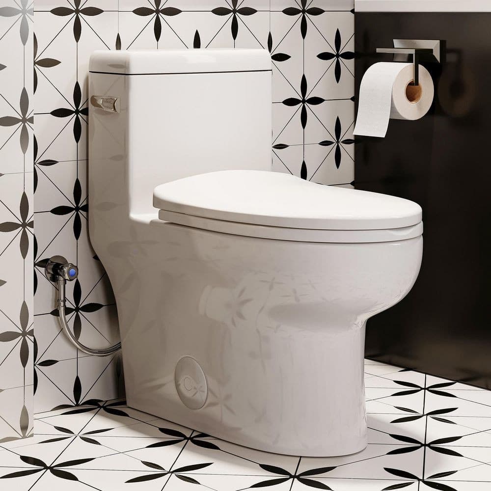 Hanikes 1-Piece 1.28 GPF Single Flush Elongated High Efficiency WaterSense Toilet in White, Soft Close Seat Included (1)
