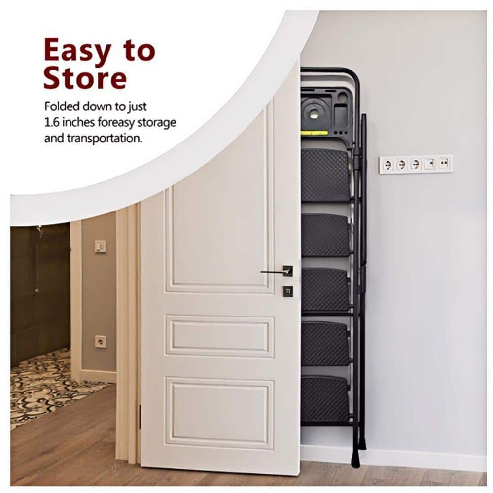 Angel Sar Black 6.3 ft. Iron Foldable 5-Step with Tool Tray and Wide Non Slip Pedals, 500 lb. Load Capacity (3)