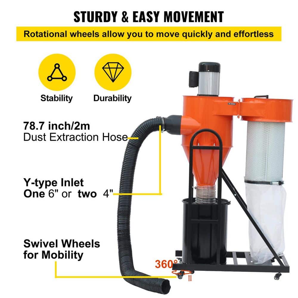 SKYSHALO 1.5 HP Dust Collector, 716 CFM, Portable Vortex Dust Collector, with 47Gal. Collection Bag and Mobile Base, 220V 3400RPM (2)