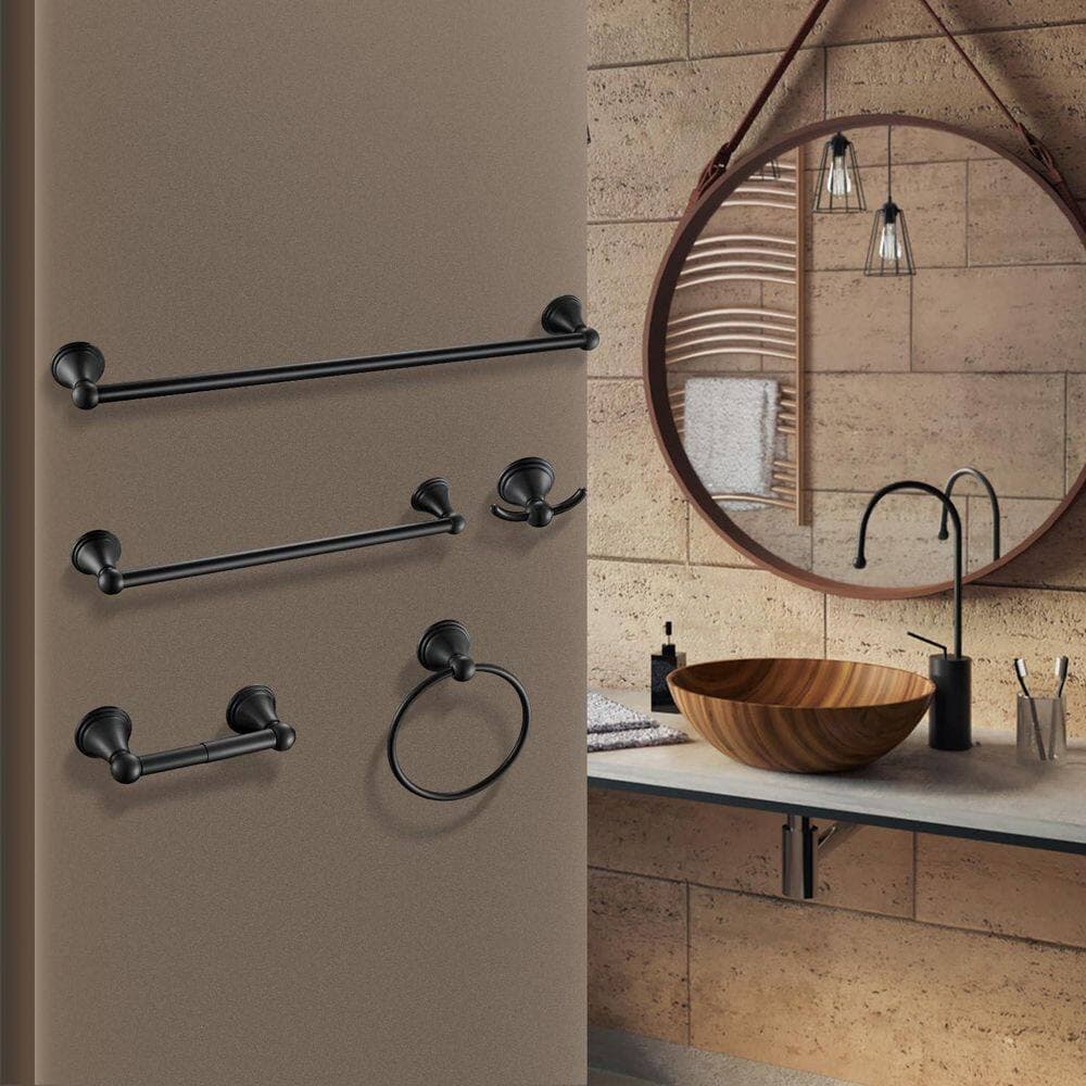 KHKFY 5-Piece Matte Black Bathroom Hardware Set with 24 in and 16 in Towel Bars, Towel Ring, and Toilet Paper Holder (3)