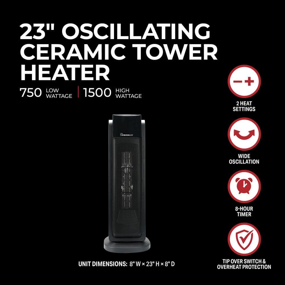VISIONAIR 1500/750-Watt 23 in. Oscillating Ceramic Electric Forced Air Tower Heater with Remote (3)