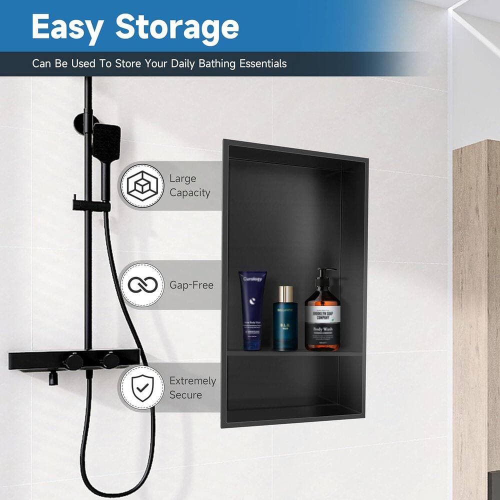HOMEMYSTIQUE 12 in. W x 24 in. H x 4 in. D Stainless Steel Shower Niche in Matte Black (2)