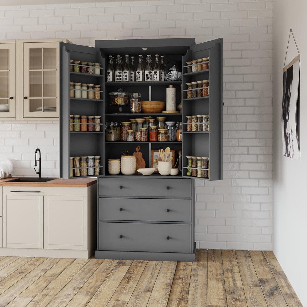 COWLOWN 35 in. W x 17.7 in. D x 77 in. H Gray Linen Cabinet Kitchen Pantry with 3-Adjustable Shelves, 8-Door Shelves, 3-Drawers