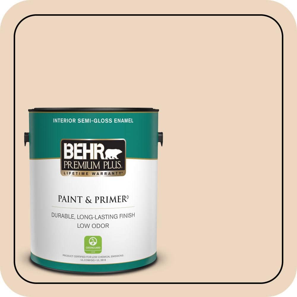 BEHR PREMIUM PLUS 1 Gal. #PPU4-10A Sandy Beige Semi-Gloss Enamel Low Odor Interior Paint and Primer (1)