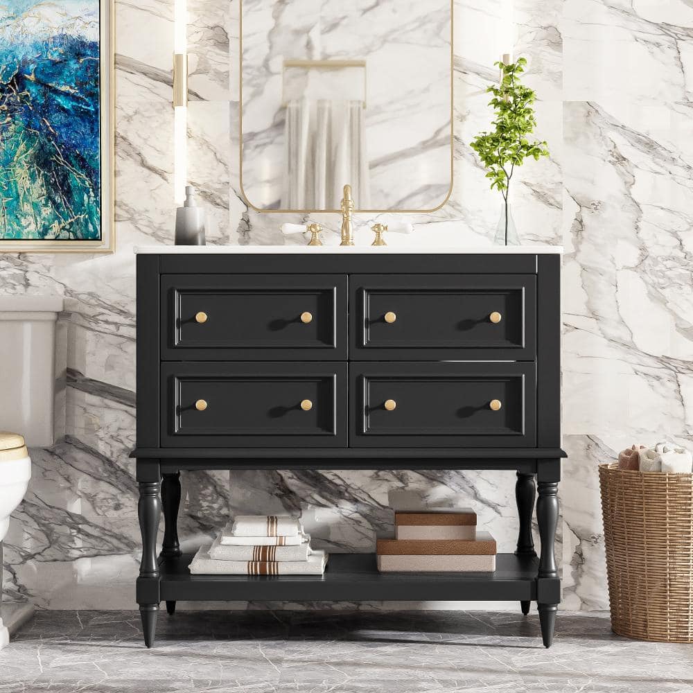 Qualler 36 in. Black Bath Vanity Cabinet with 4 Drawers (1)