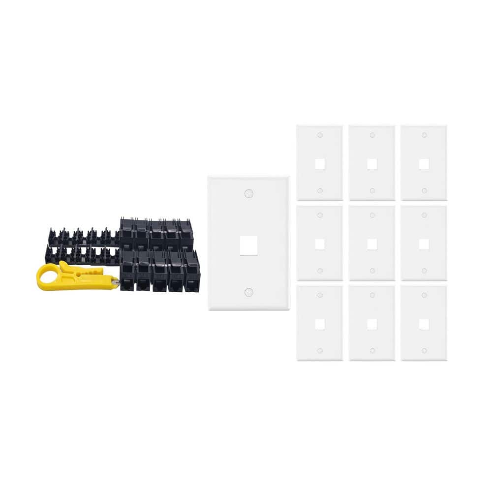 Micro Connectors, Inc 10-Pack 1-Gang White Keystone Plastic Wall Plates 1-Port and 10 Cat 6 RJ45 Keystone Jacks Black (1)