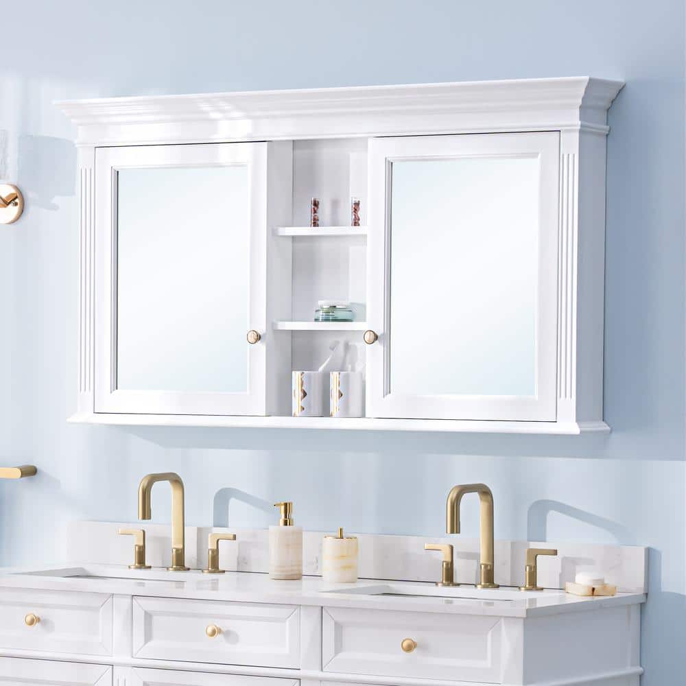 WELLFOR 55 in. W x 30 in. H White Rectangular Wood Surface Mount Medicine Cabinet with Mirror and Shelves, 2 Soft Close Doors (1)