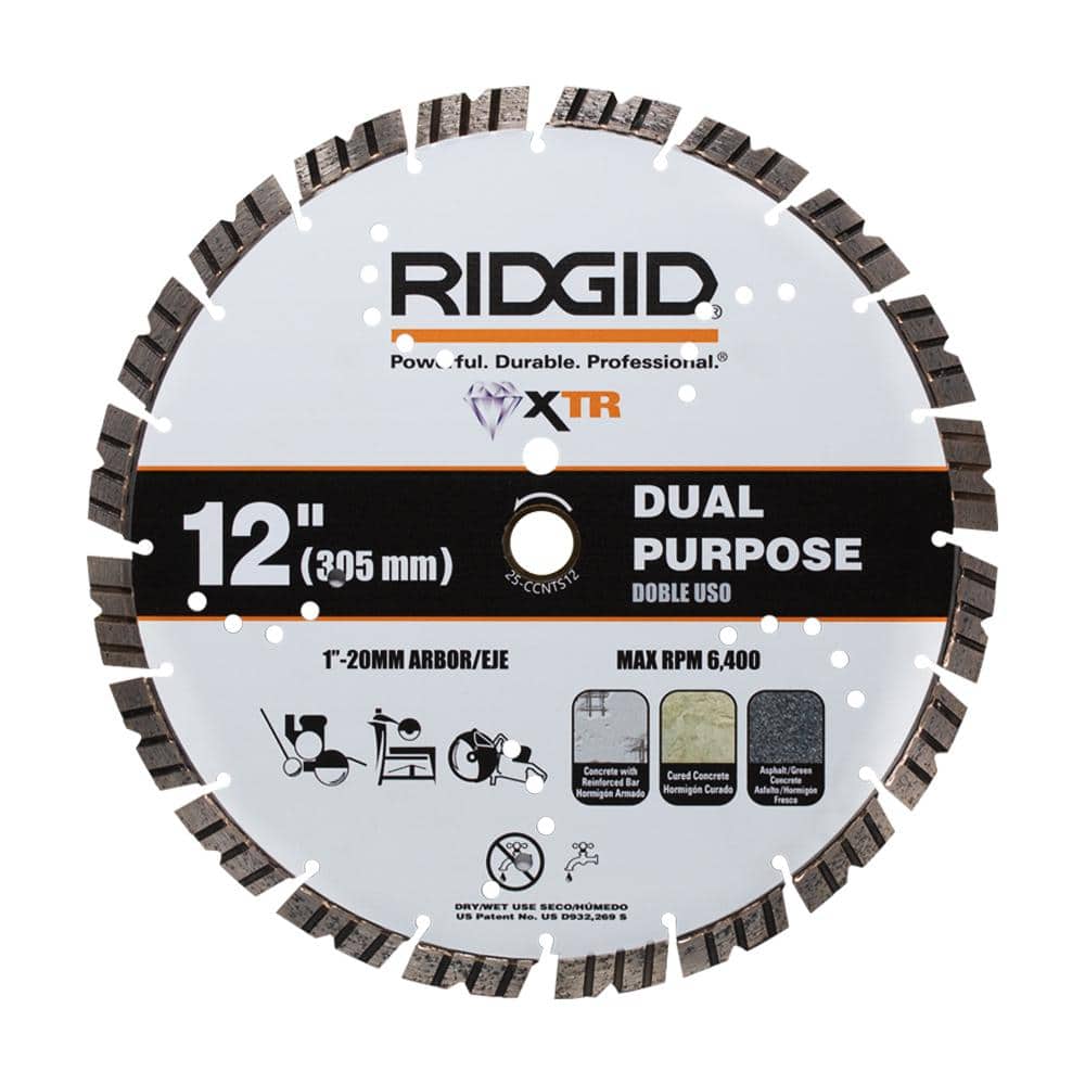 RIDGID 12 in. Masonry XTR Dual Purpose Cutting Segmented Rim Walk-Behind Diamond Saw Blade (1)