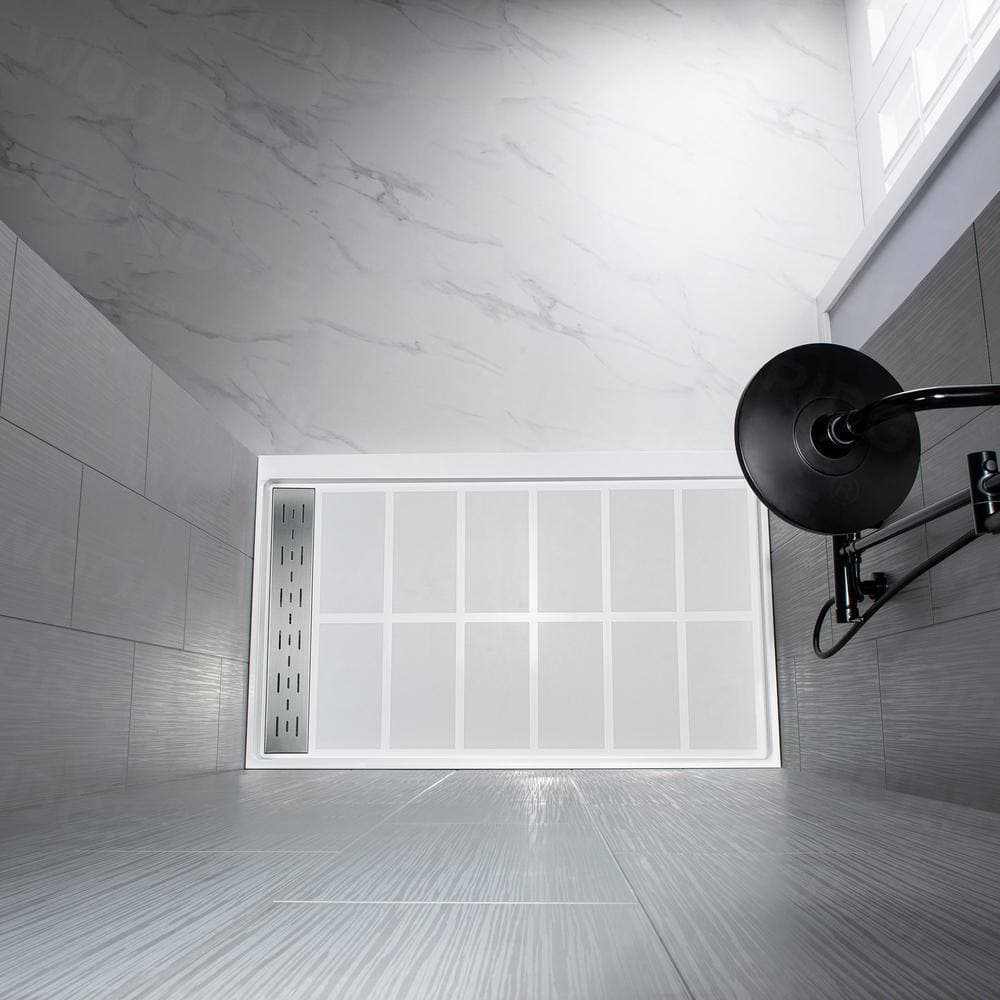 WOODBRIDGE Whalton 60 in. L 34 in. W Solid Surface Alcove Shower Pan Base with Drain White (3)